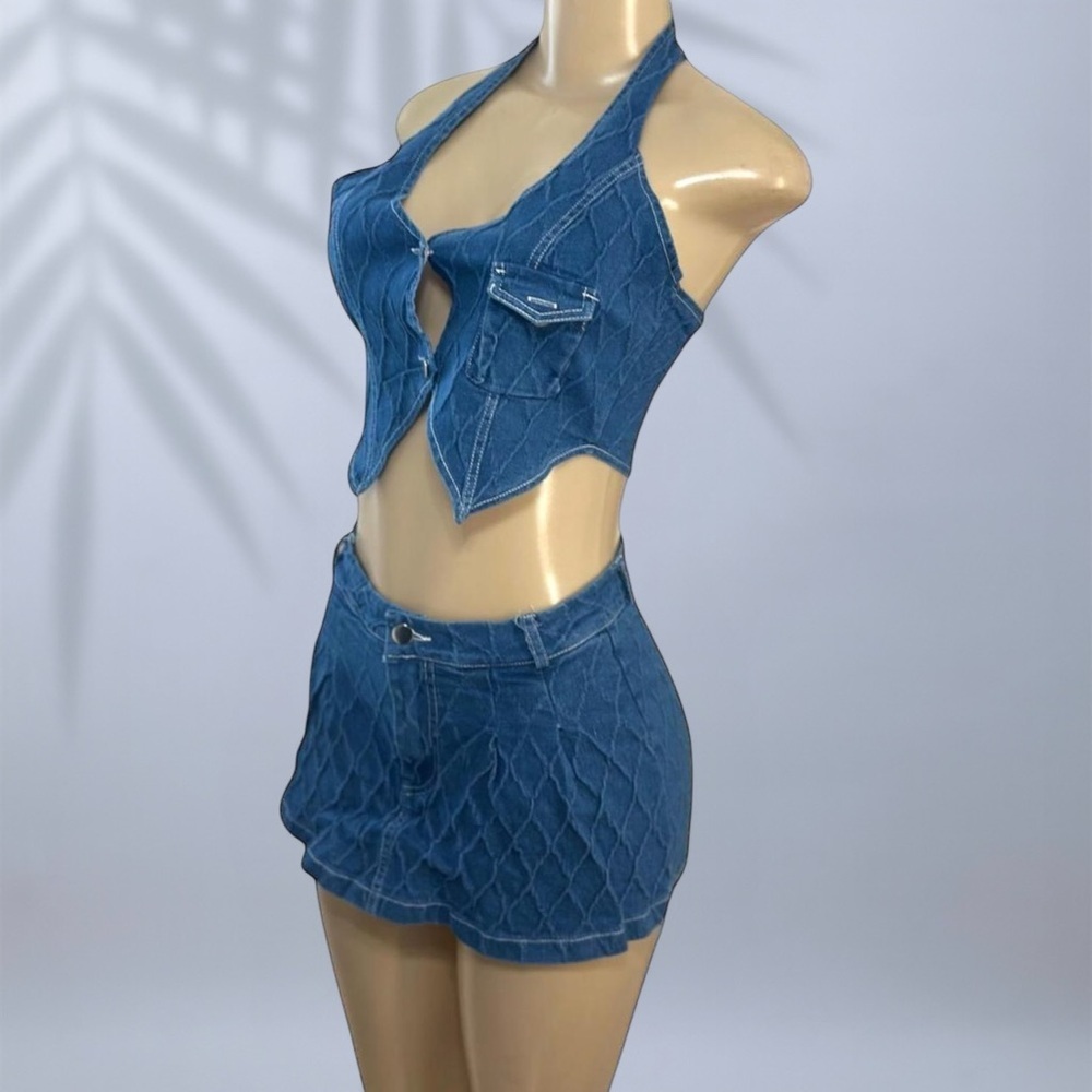 Denim Halter V-Neck Vest and Pleated Mini Skirt 2-Piece Set ✧ S - Picture 4 of 6